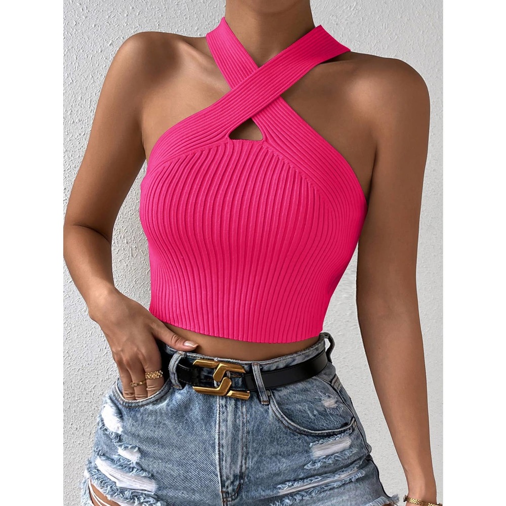High neck ribbed knit Crisscross Halter Knit crop Top y2k cream - Picture 6 of 8